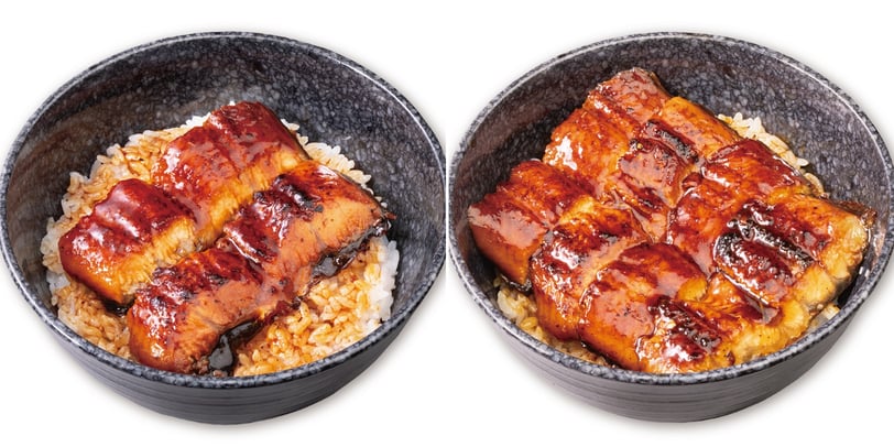 くら寿司で販売されている「うな丼」と「特上うな丼」の商品写真。タレがたっぷりかかったふっくら焼き上げたうなぎが、ご飯の上に盛り付けられている。