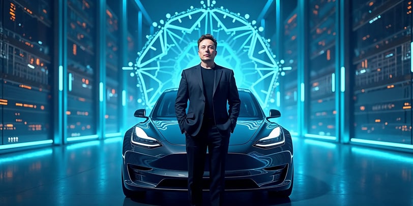 Elon Musk in a suit stands confidently beside a sleek car, exuding professionalism and style.