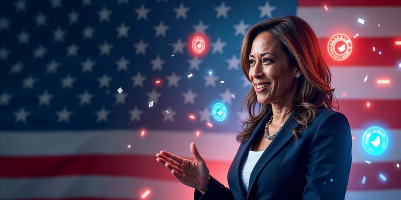 Kamala Harris, wearing a professional navy blazer, is smiling and gesturing with her hand in front o