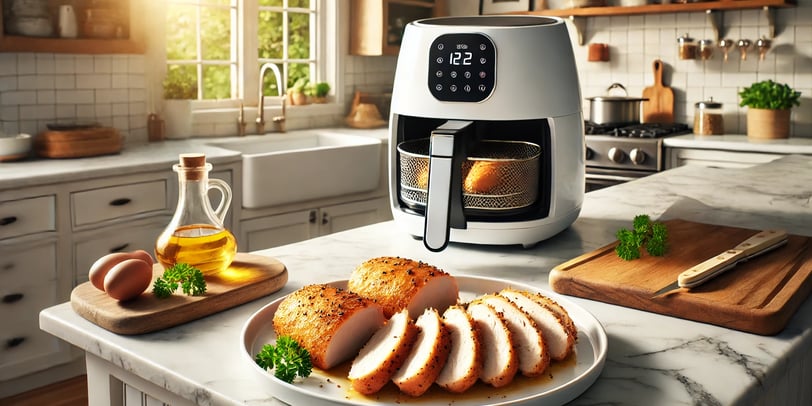 Juicy air fryer chicken breast sliced on a plate, crispy outside, tender and flavorful inside.