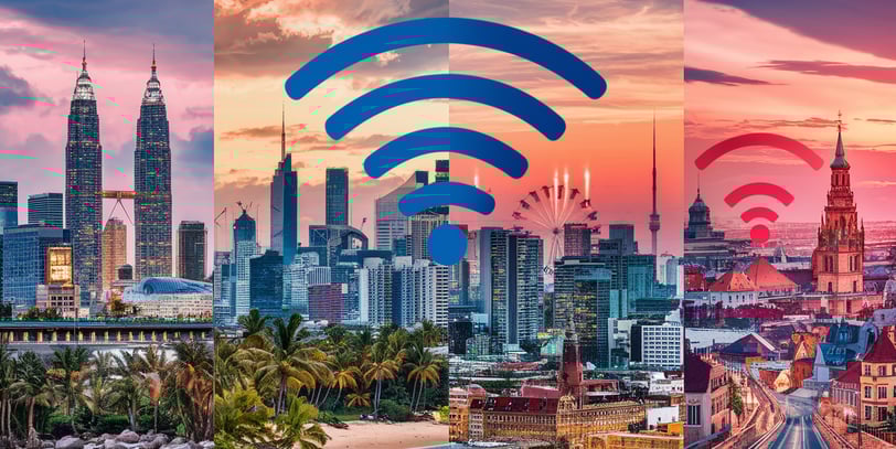 a city skyline with wifi signal