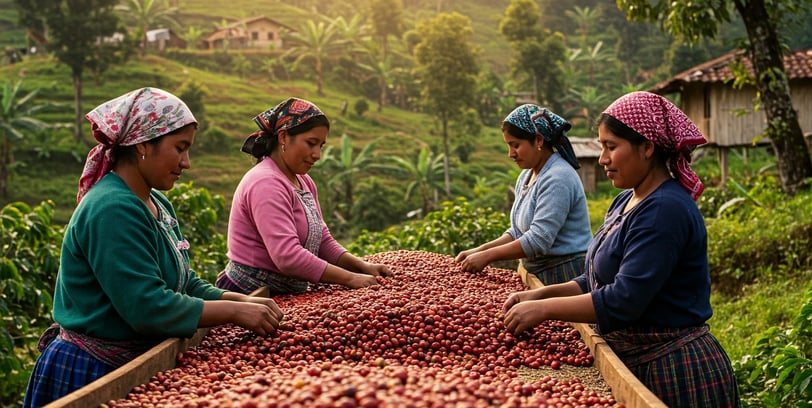 a group of women in traditional dress clothes are gathering around a large pile of coffee