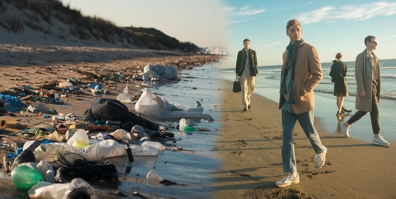 A cinematic shot of a beach with two distinct scenes