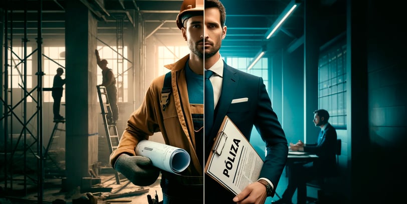 Comparación visual entre un técnico y un perito de seguros, resaltando que el perito conoce pólizas,