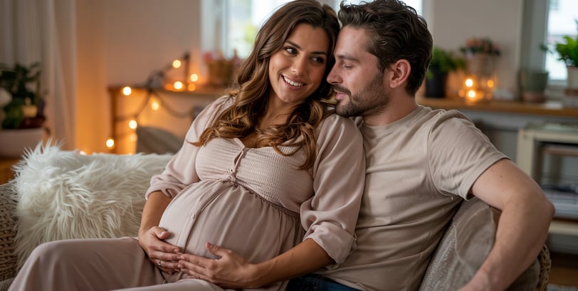 a pregnant woman and her husband are sitting on a couch