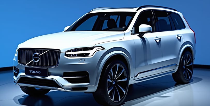 a white volvo suv parked in a showroom