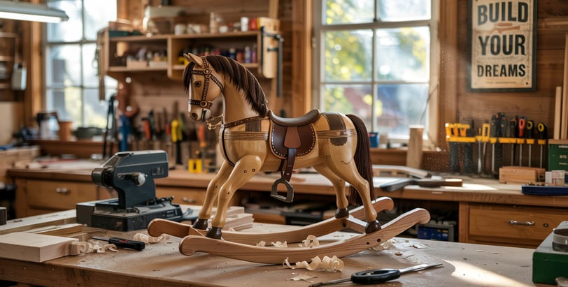 a wooden rocking horse in a workshop