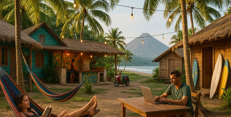 Budget-friendly hostel in Nicaragua with hammocks, palm trees, and a volcano or beach view in the background.