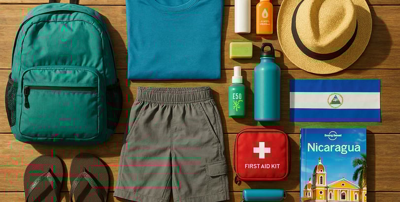 Flat lay of essential items to pack for a budget trip to Nicaragua
