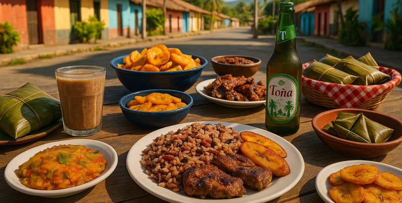 Traditional Nicaraguan street food on a rustic table, featuring gallo pinto, fried plantains, nacatamales, and local drinks i
