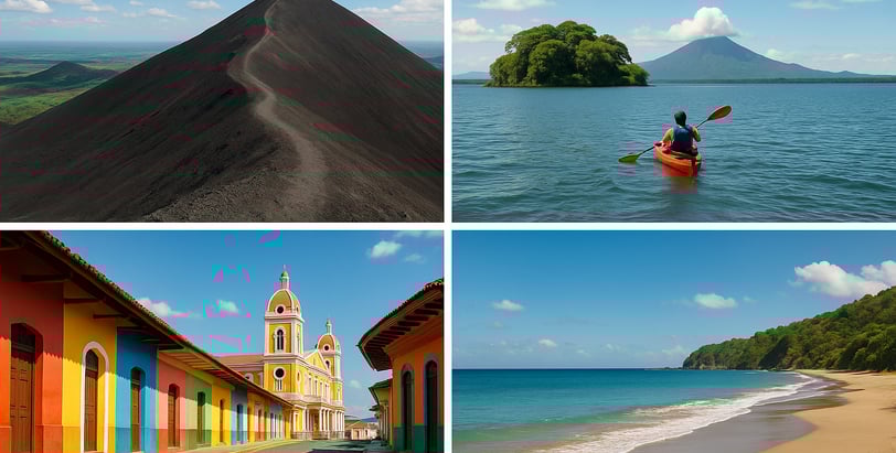 Collage of must-do budget experiences in Nicaragua, including volcano hiking, kayaking on Lake Nicaragua, exploring Granada’s