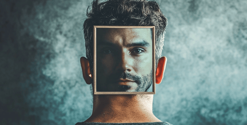 a man with a mirror in front of a blue wall