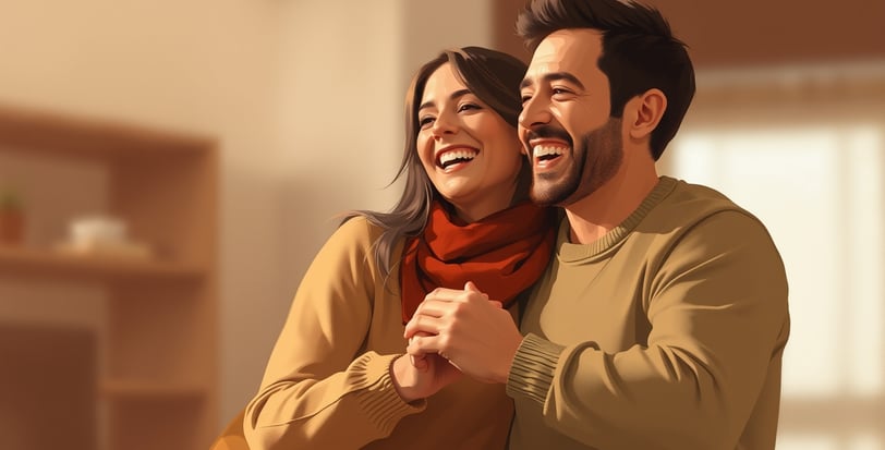 a man and woman are smiling and hugging