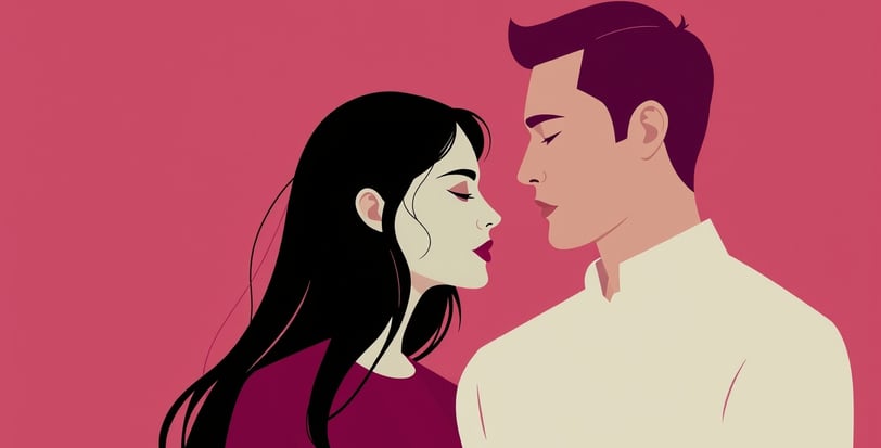 a man and woman in front of a pink background