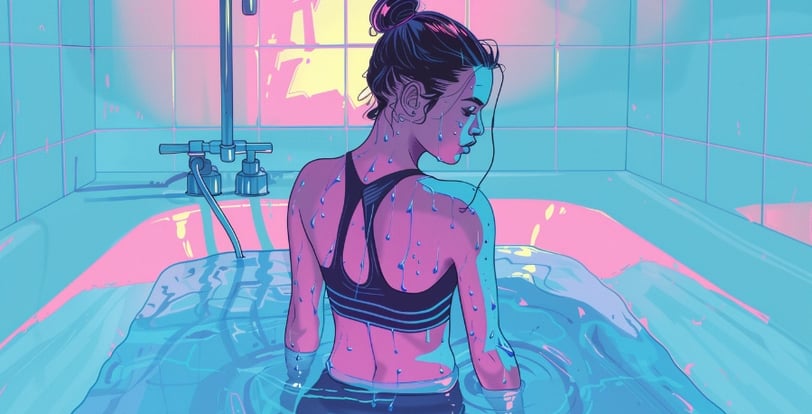 a woman in a bathing suit is sitting in a cold bathtub