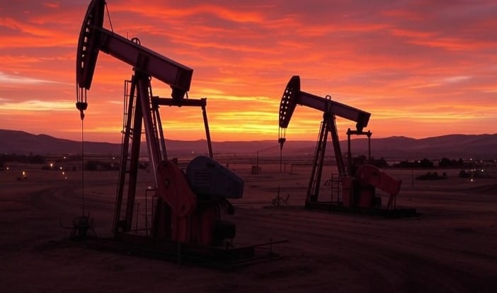 Silhouette of two oil pumpjacks operating against a vibrant orange and pink sunset.
