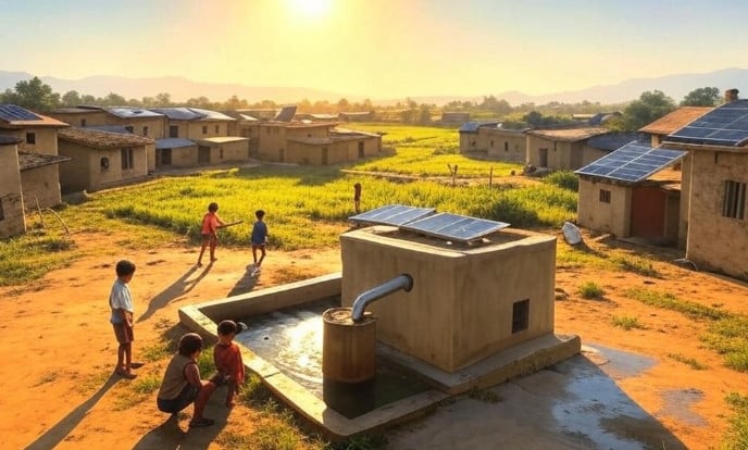 Artistic depiction of a rural Indian village with traditional homes topped with modern solar panels