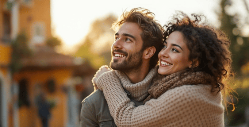 a man and woman smiling and hugging each other