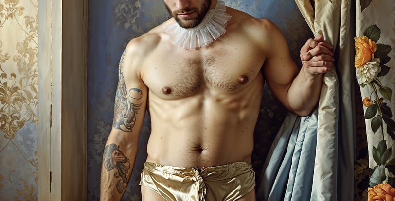 a man in a gold bikinisuit with a white collared shirt