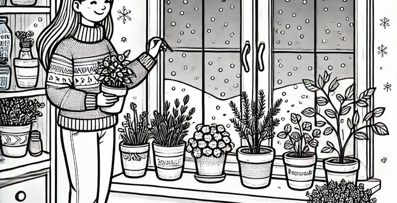 a woman in the winter with her herb garden