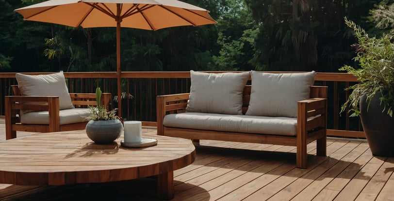 a patio with a wooden deck and a table with a coffee table
