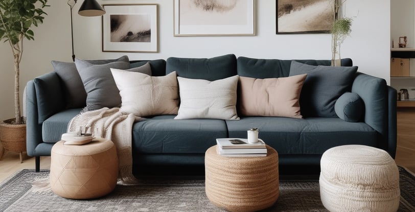 a couch with pillows and pillows on a rug