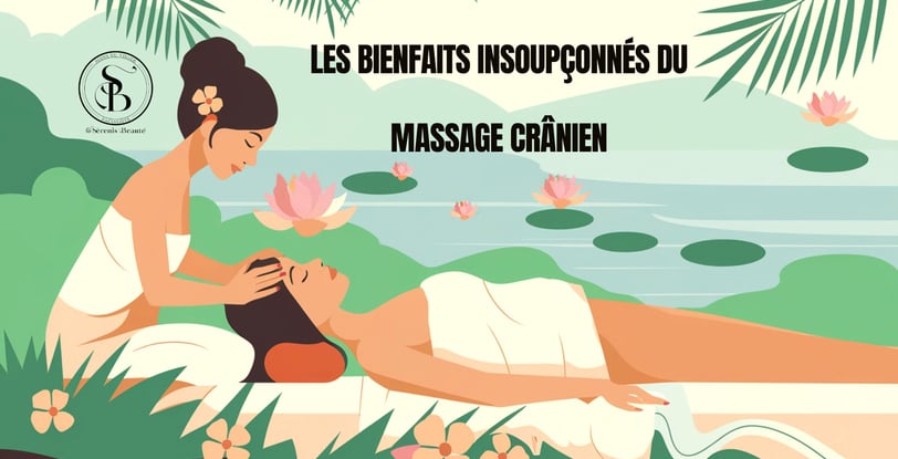 Illustration d'une femme pratiquant un massage crânien sur une cliente dans un cadre inspiré de Bali, entourée de végétation