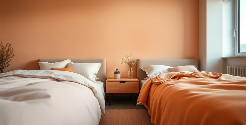 a bedroom with two beds and a vase with flowers