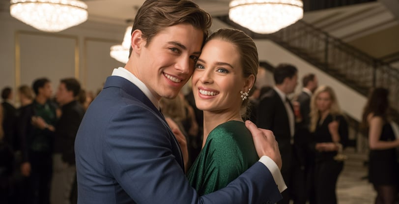 a man and woman in formal wear posing for a photo