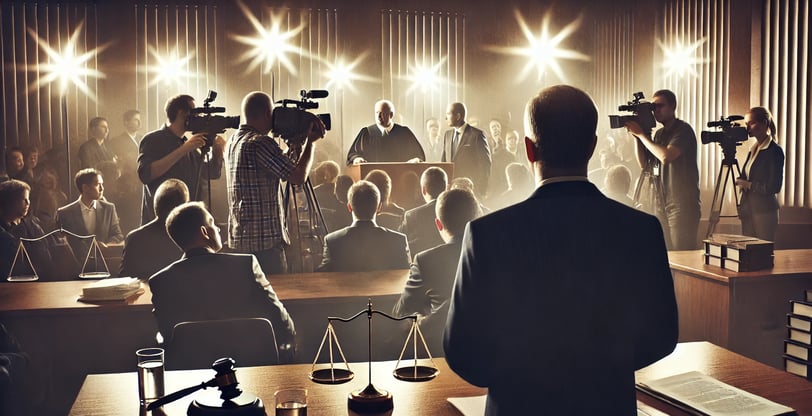 Courtroom scene filled with reporters, judge, and lawyers under bright spotlights