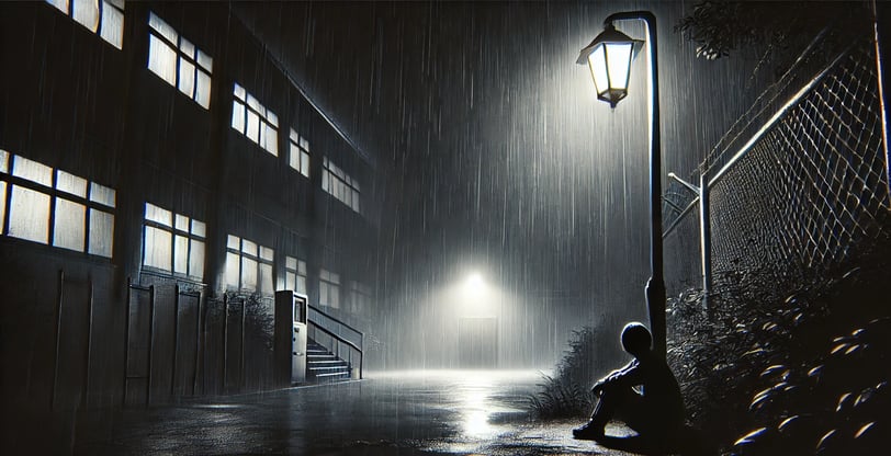 A boy sits under a streetlamp in heavy rain, symbolizing loneliness, abandonment, and silent suffering