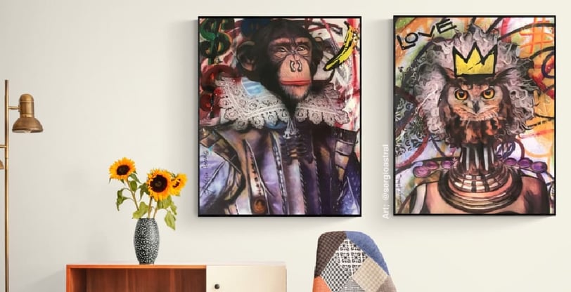 Arte pop de animais com traços marcantes e cores vivas.