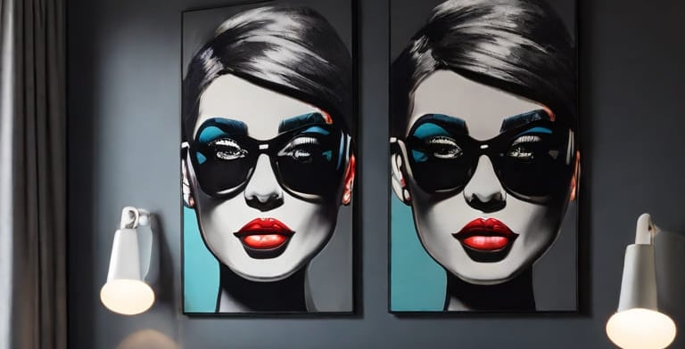 Pintura pop-art de rosto de mulher com expressão alegre.