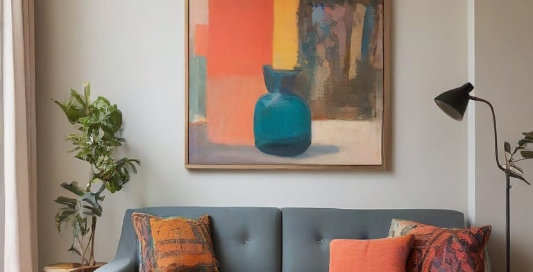 Neutro: pintura abstrata com tons terrosos e pinceladas suaves para uma atmosfera acolhedora.