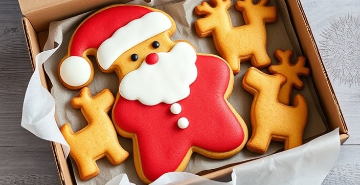 a box cookies shaped like Santa and his reindeers 