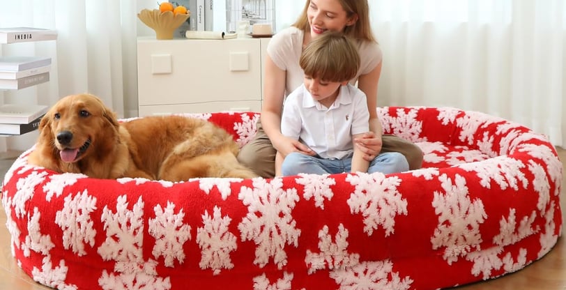 a woman and a dog  sitting on a  human size dog bed