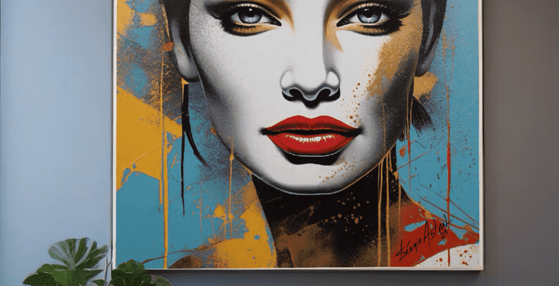 Quadro personalizado de rosto de mulher em estilo pop-art com fundo abstrato.