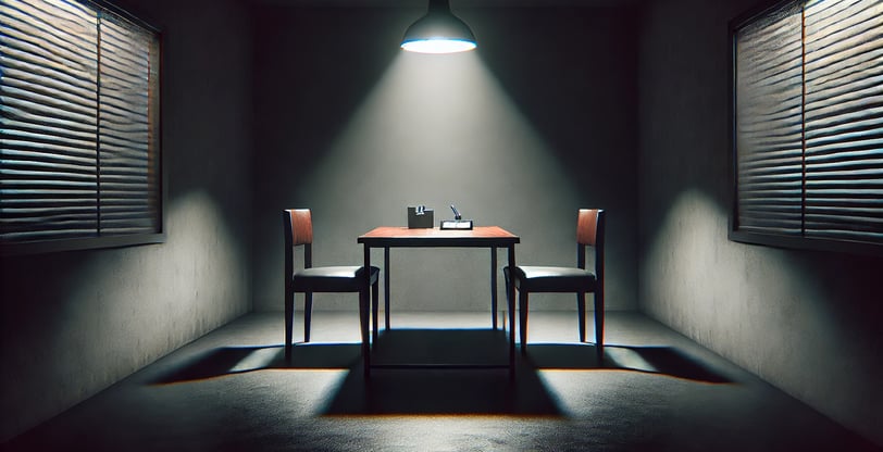 Dark interrogation room with a single overhead light casting shadows over a stark table and two chairs