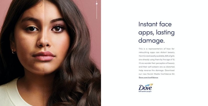 Campanha Dove: Apps de ajustes rápidos no rosto, danos permanentes.