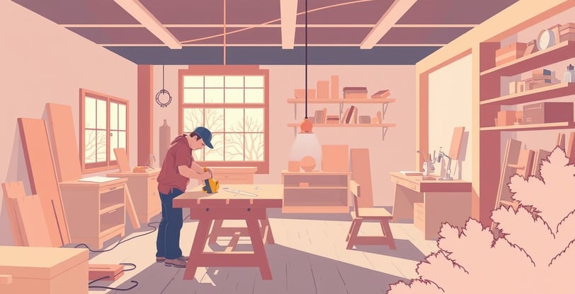 a man is working on a workbench in a woodworking shop