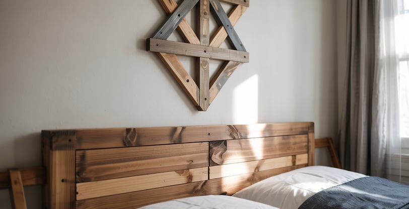 a bed with a wooden headboard