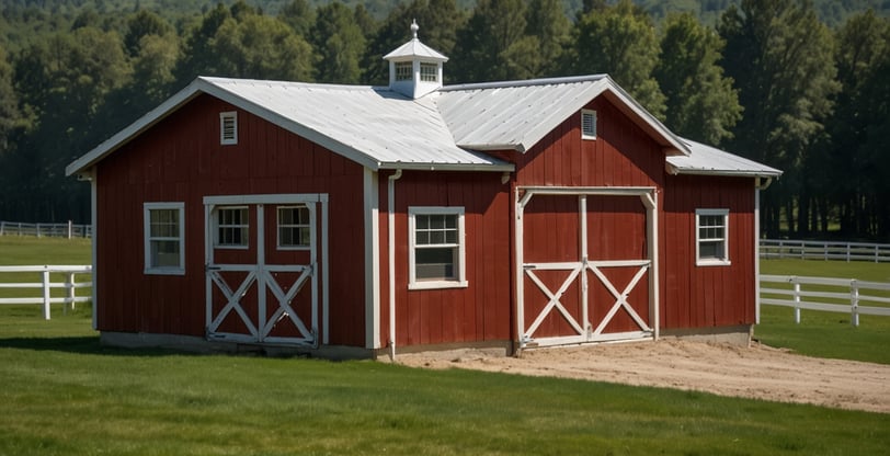 a horse barn with a steeple