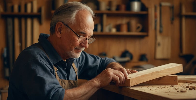 a man in a blue shirt is holding a piece of wood