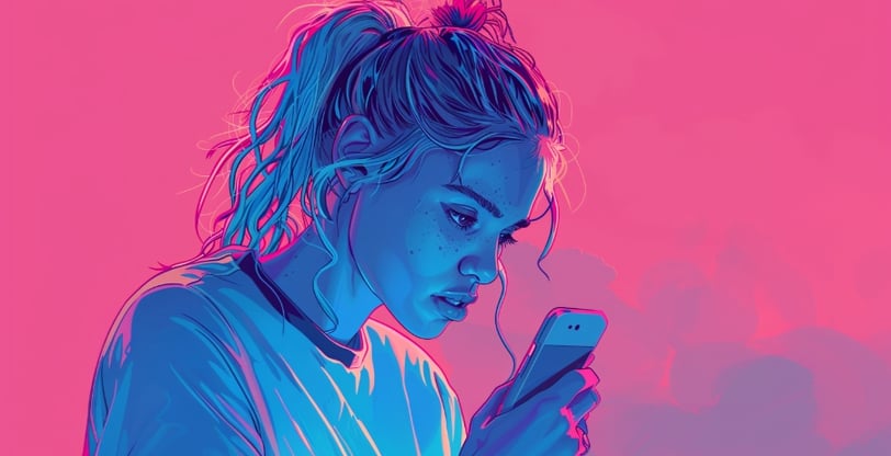 Young girl in a sports top staring at her phone