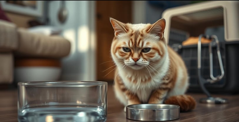 A concerned cat sitting by a water bowl, looking lethargic with slightly sunken eyes, surrounded by soft natural light.