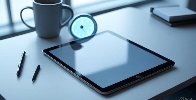 A digital planner on a tablet with a clock and office items, symbolizing smart time management and p