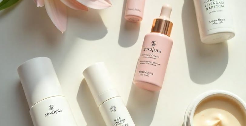 Top Pakistani skincare products arranged on a marble background.