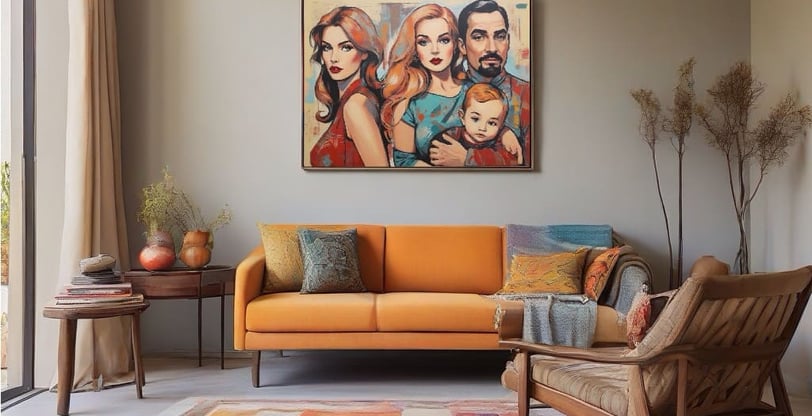 Retrato pop-art de família sorrindo em cores vibrantes.
