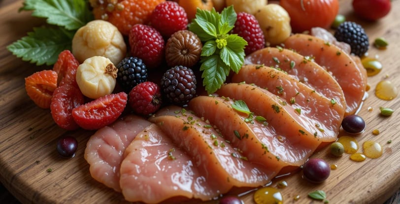 "Alimentos que previnem Alzheimer: peixes, vegetais e frutas dispostos artisticamente"