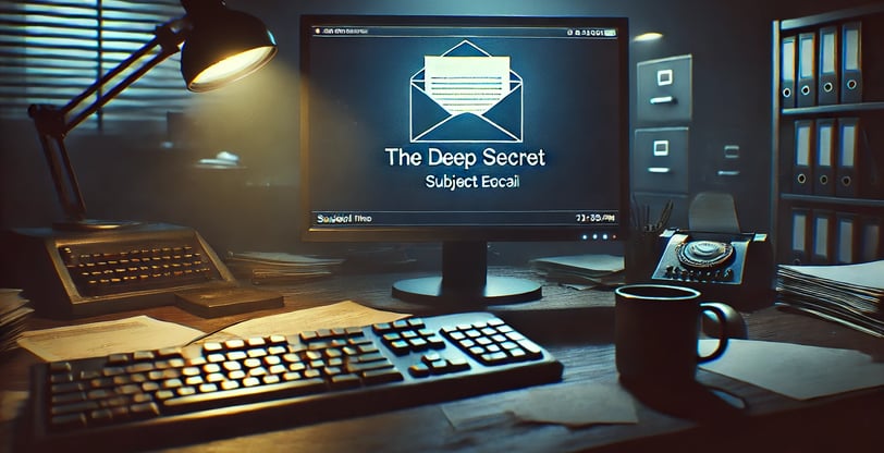 Old email on screen reads 'The Deep Secret,' desk cluttered in dimly lit office